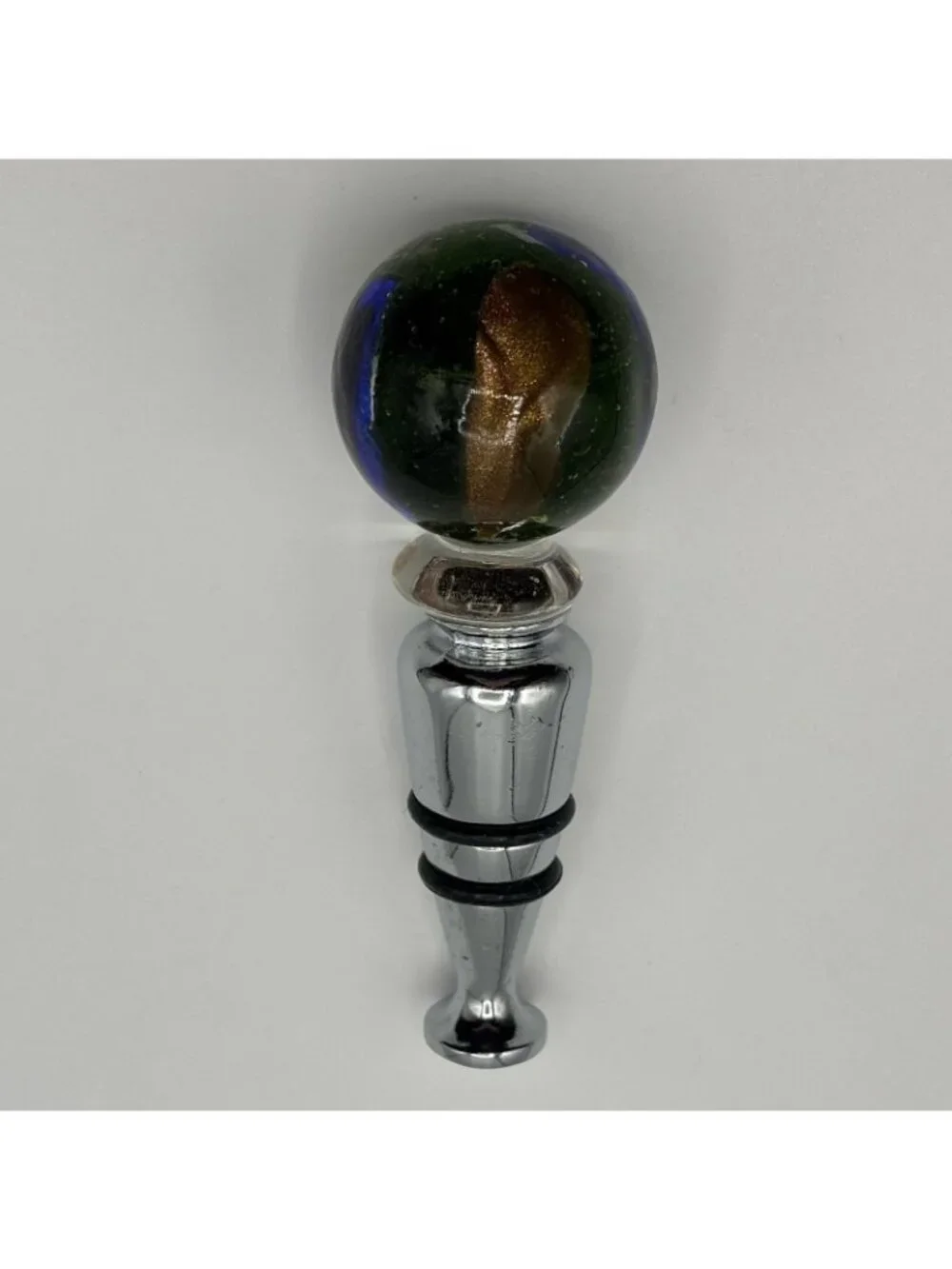Art Glass Wine Bottle Stopper Topper Green Ball Glossy Bubbles Gold Blue Striped